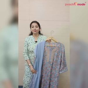 Blue Floral Printed Muslin Sharara Suit