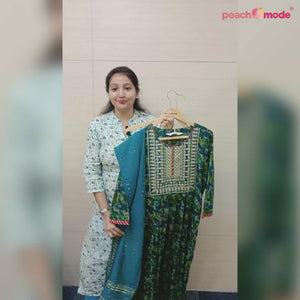 Blue Printed & Embroidered Rayon Naira Cut Suit
