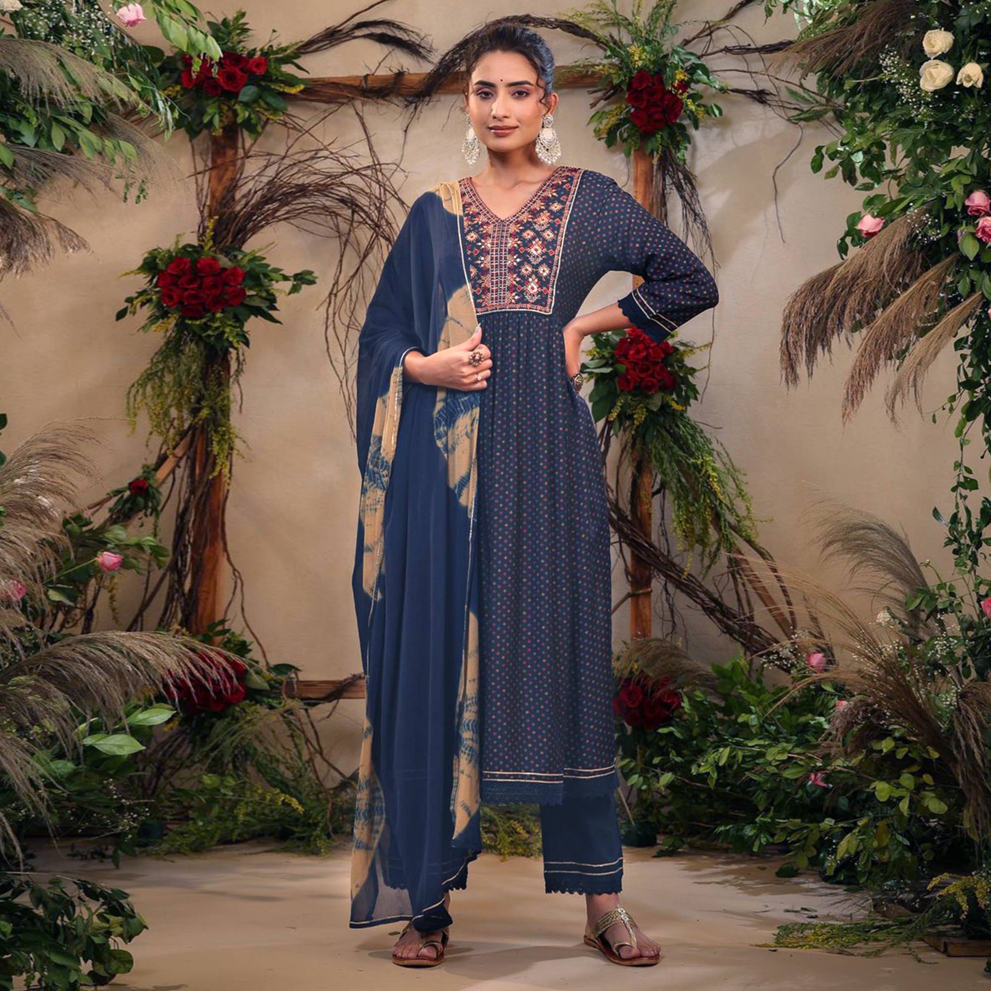 Blue Floral Printed With Embroidered Muslin Naira Cut Suit