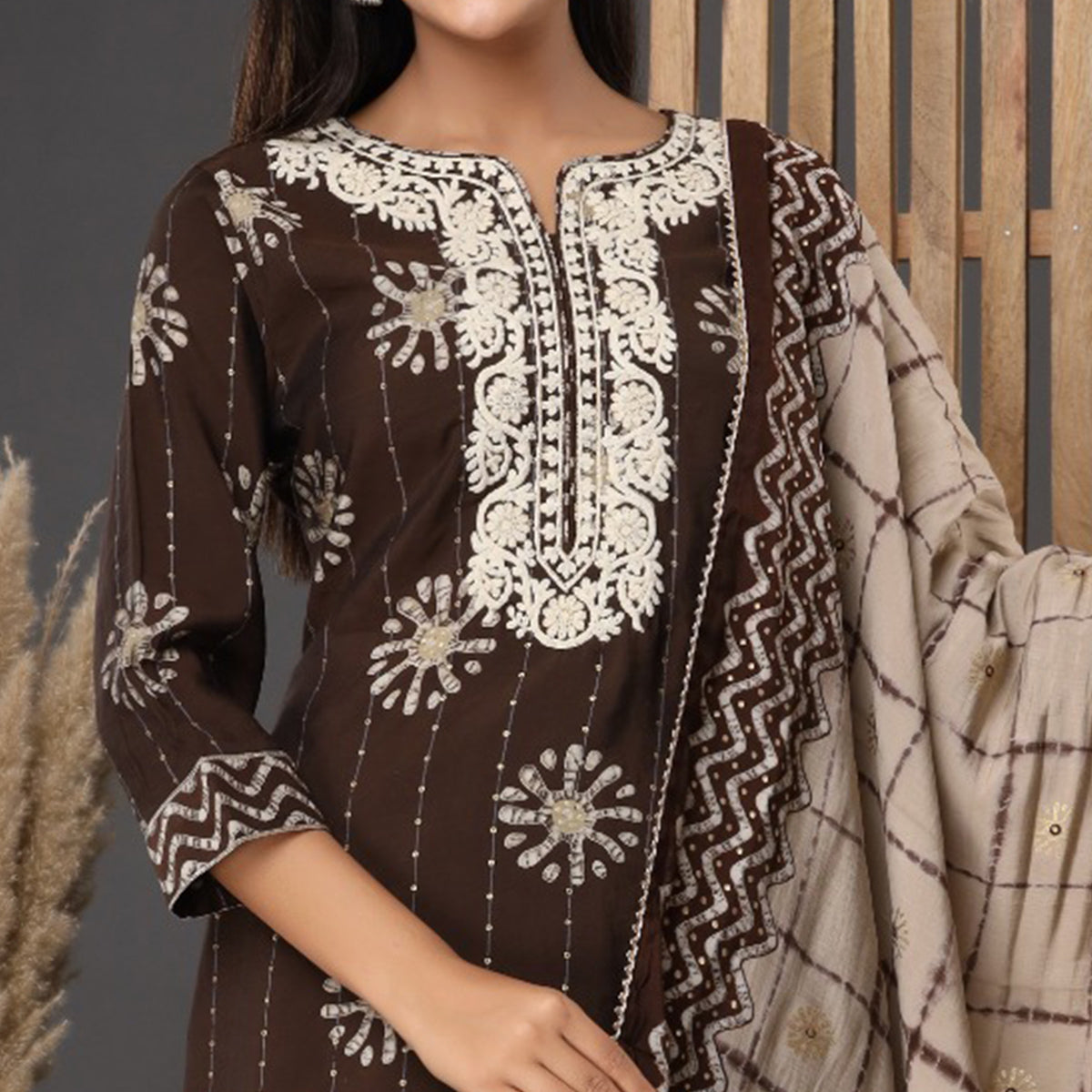 Coffee Printed Muslin Kurti Pant Set With Dupatta