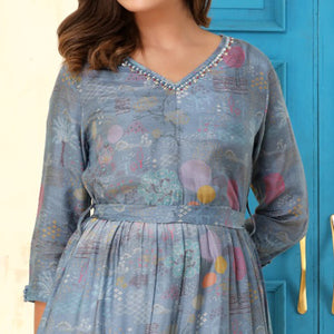 Blue Floral Printed Muslin Gown