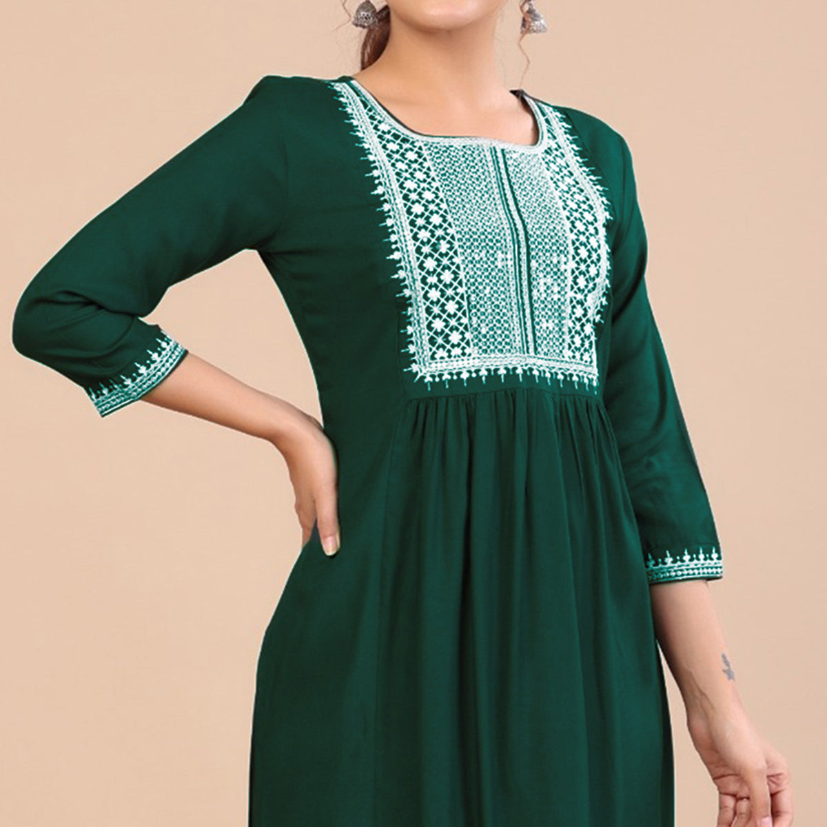 Green Embroidered Rayon Kurti