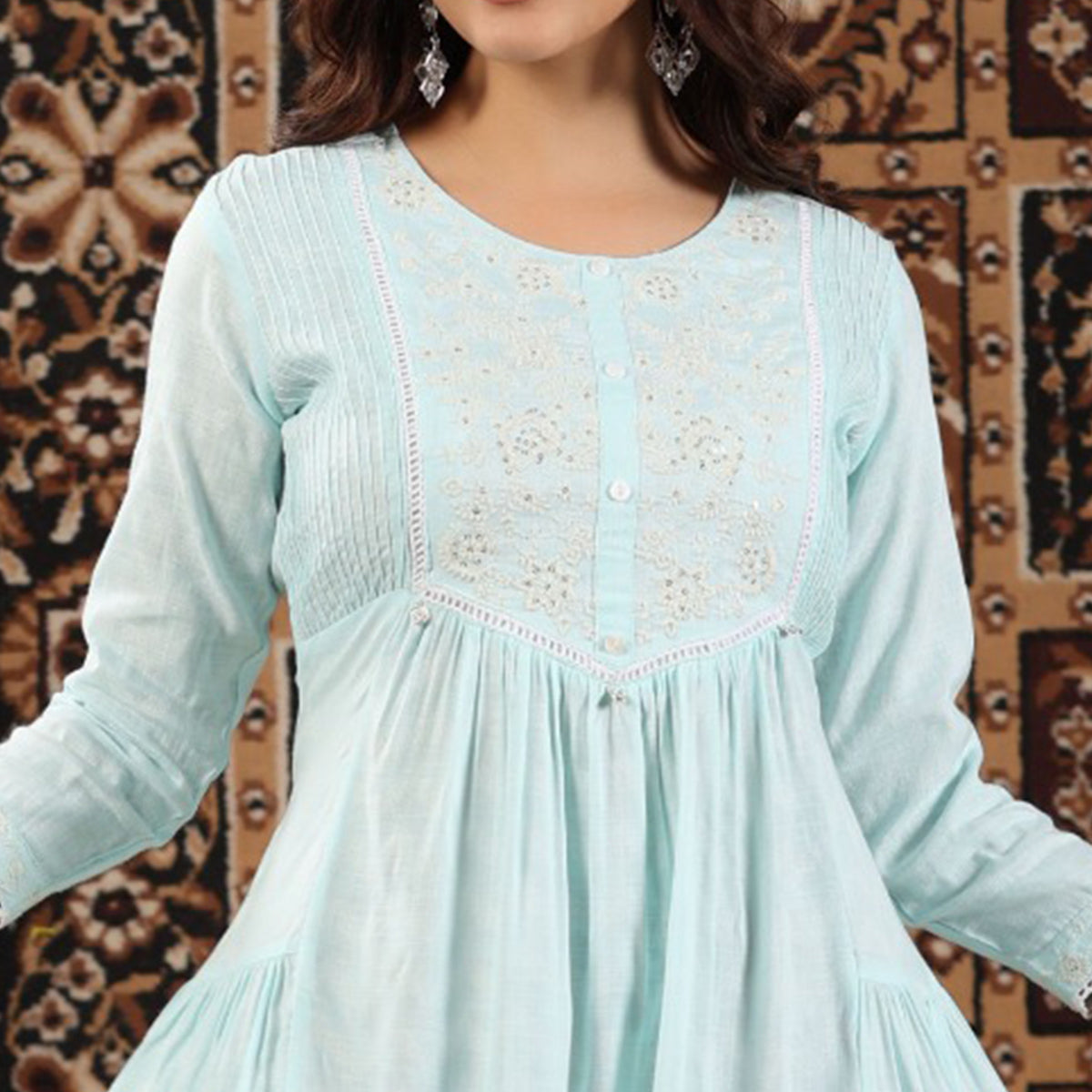 Sky Blue Floral Embroidered Rayon Top