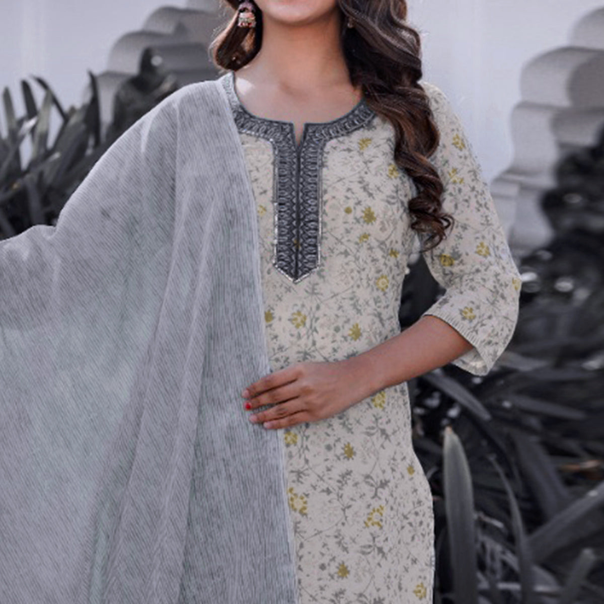 White And Grey Jaipuri Printed Pure Cotton Suit