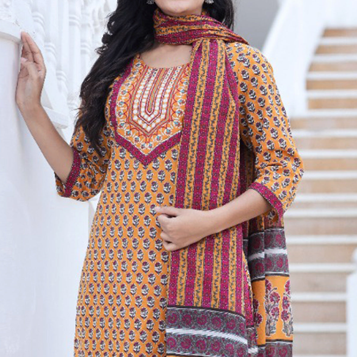 Orange Jaipuri Printed Pure Cotton Suit