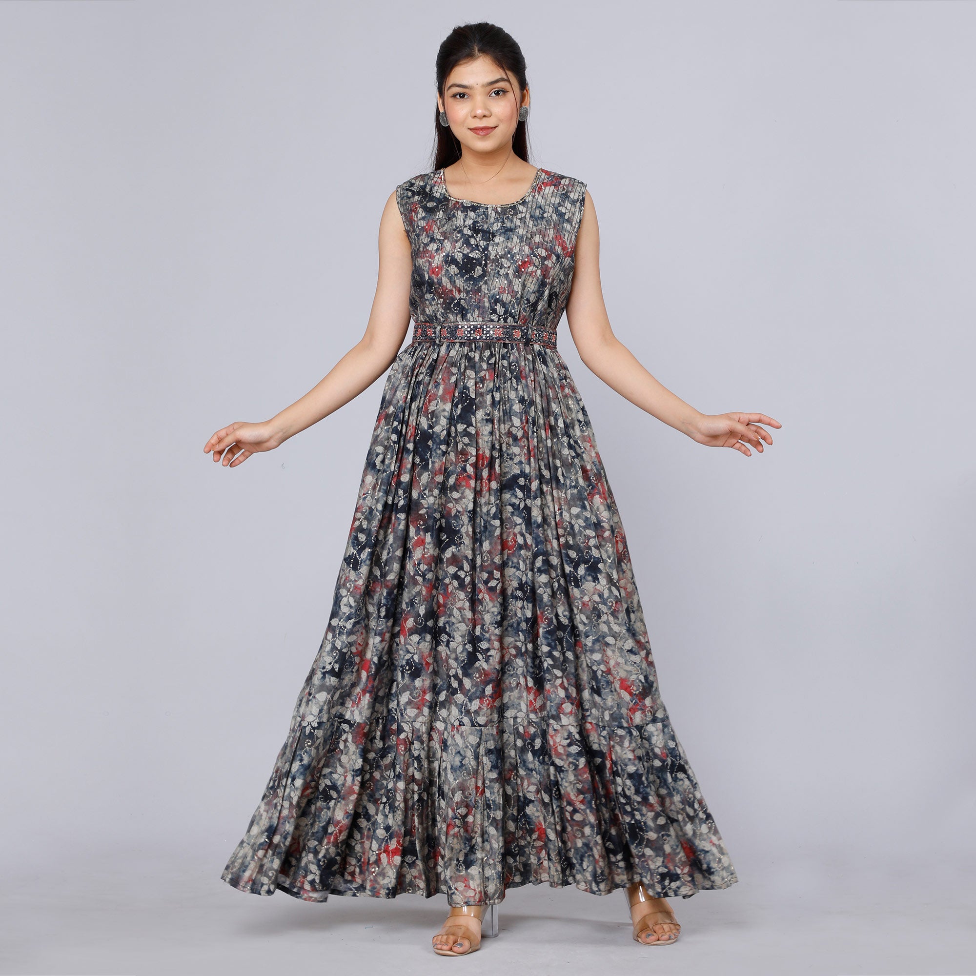 Grey Floral Printed Muslin Gown