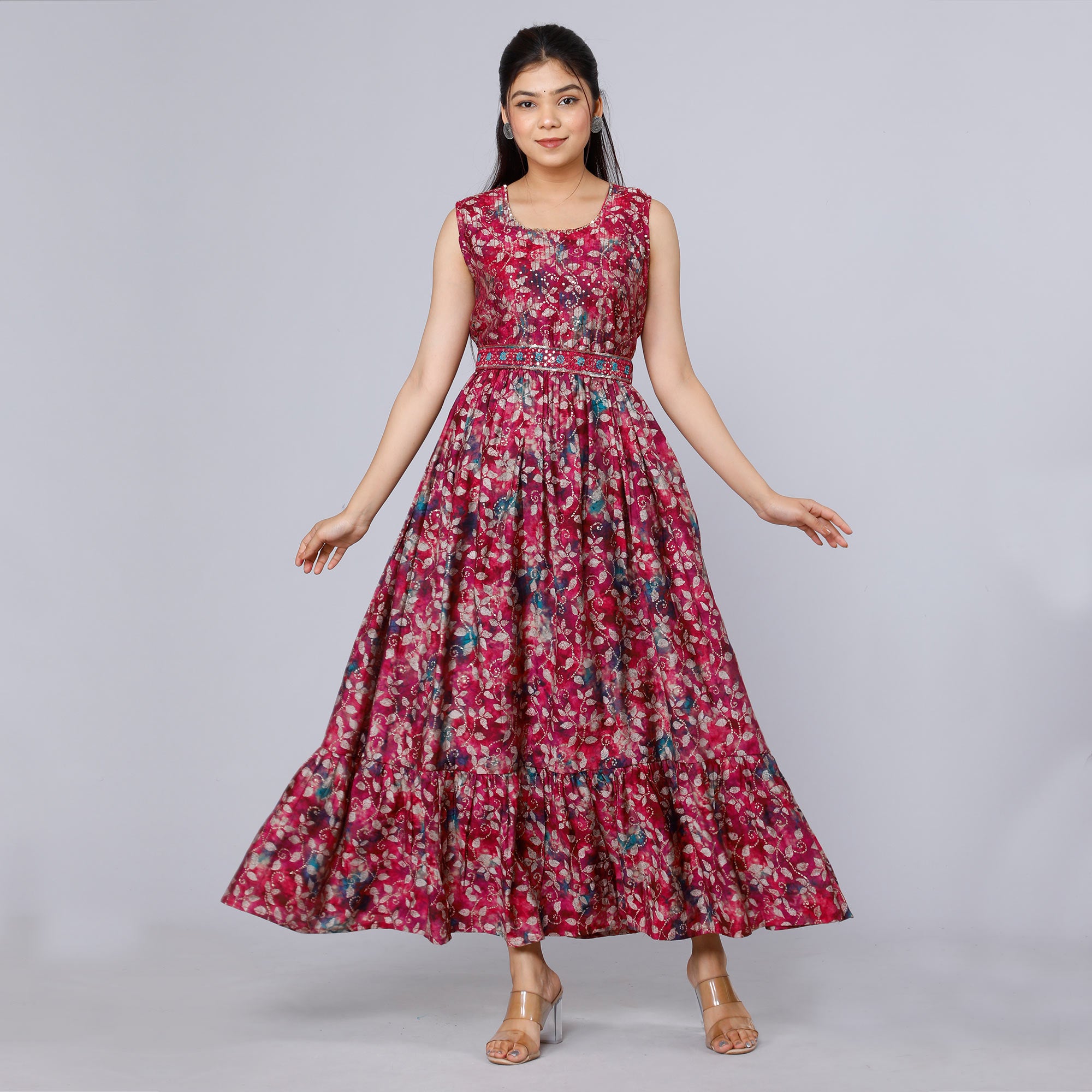 Pink Floral Printed Muslin Gown