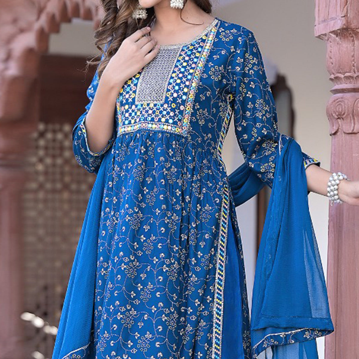 Blue Floral Printed Pure Cotton Naira Cut Suit