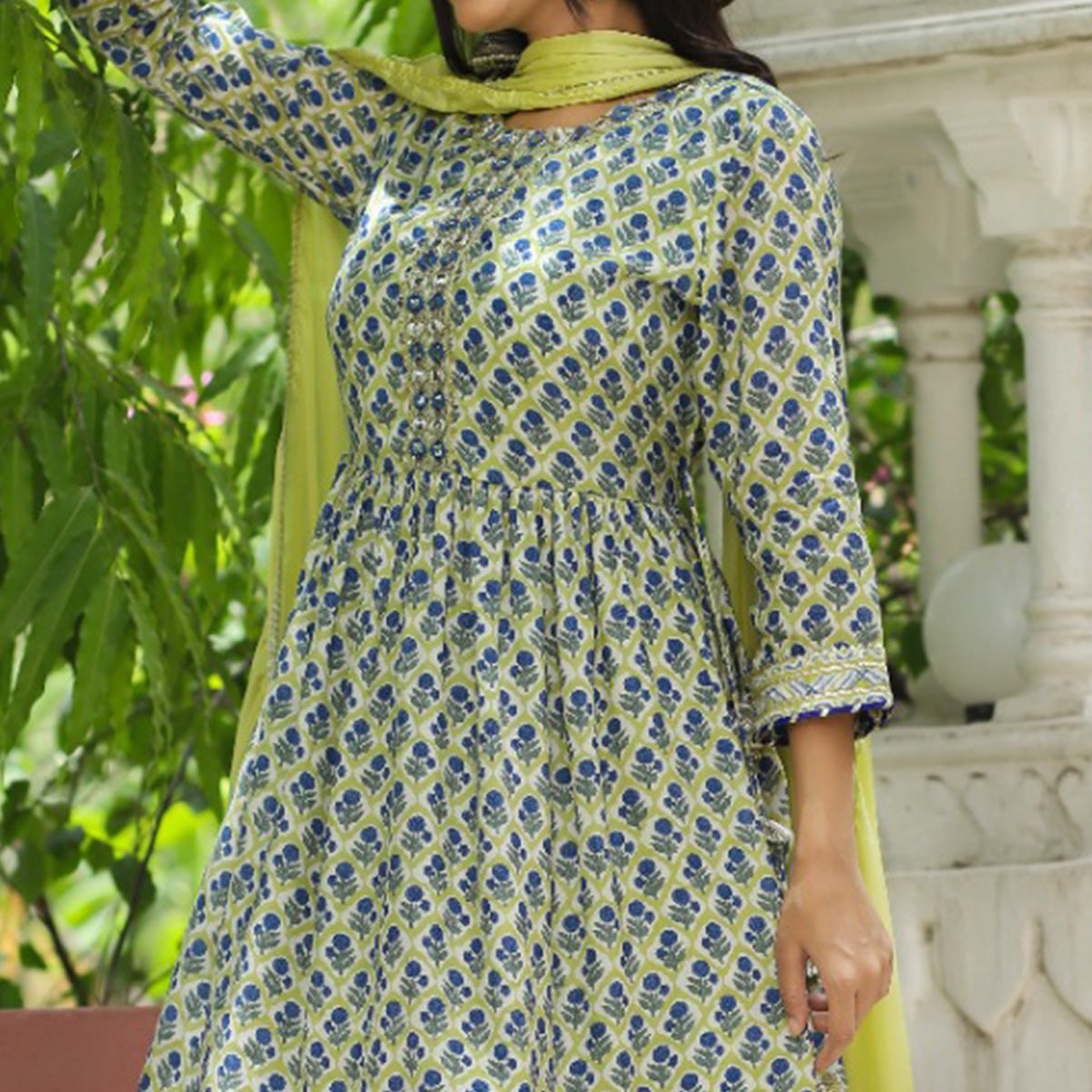 Lemon Green Jaipuri Printed And Gota Work Muslin Sharara Suit