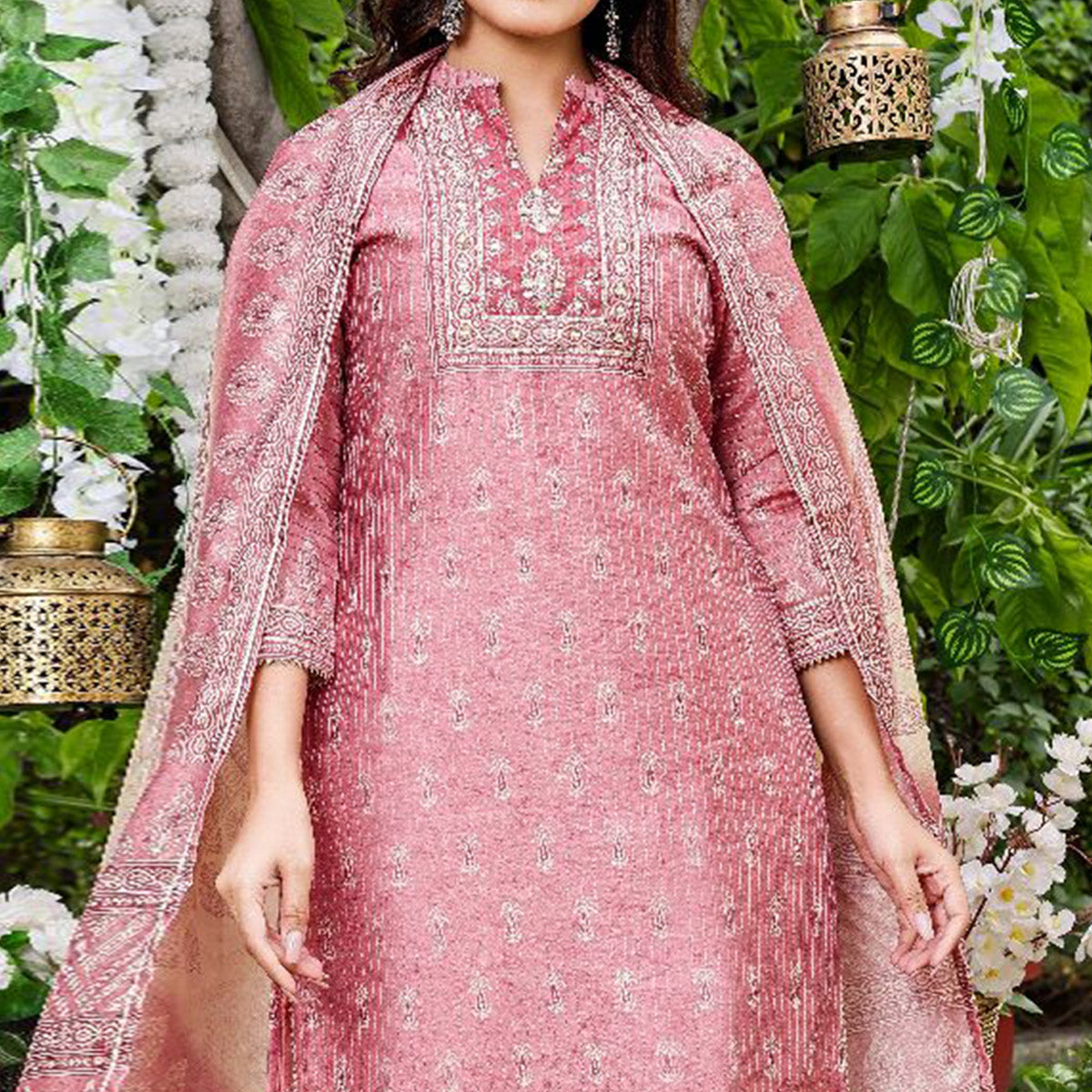 Pink Floral Embroidered Chanderi Salwar Suit