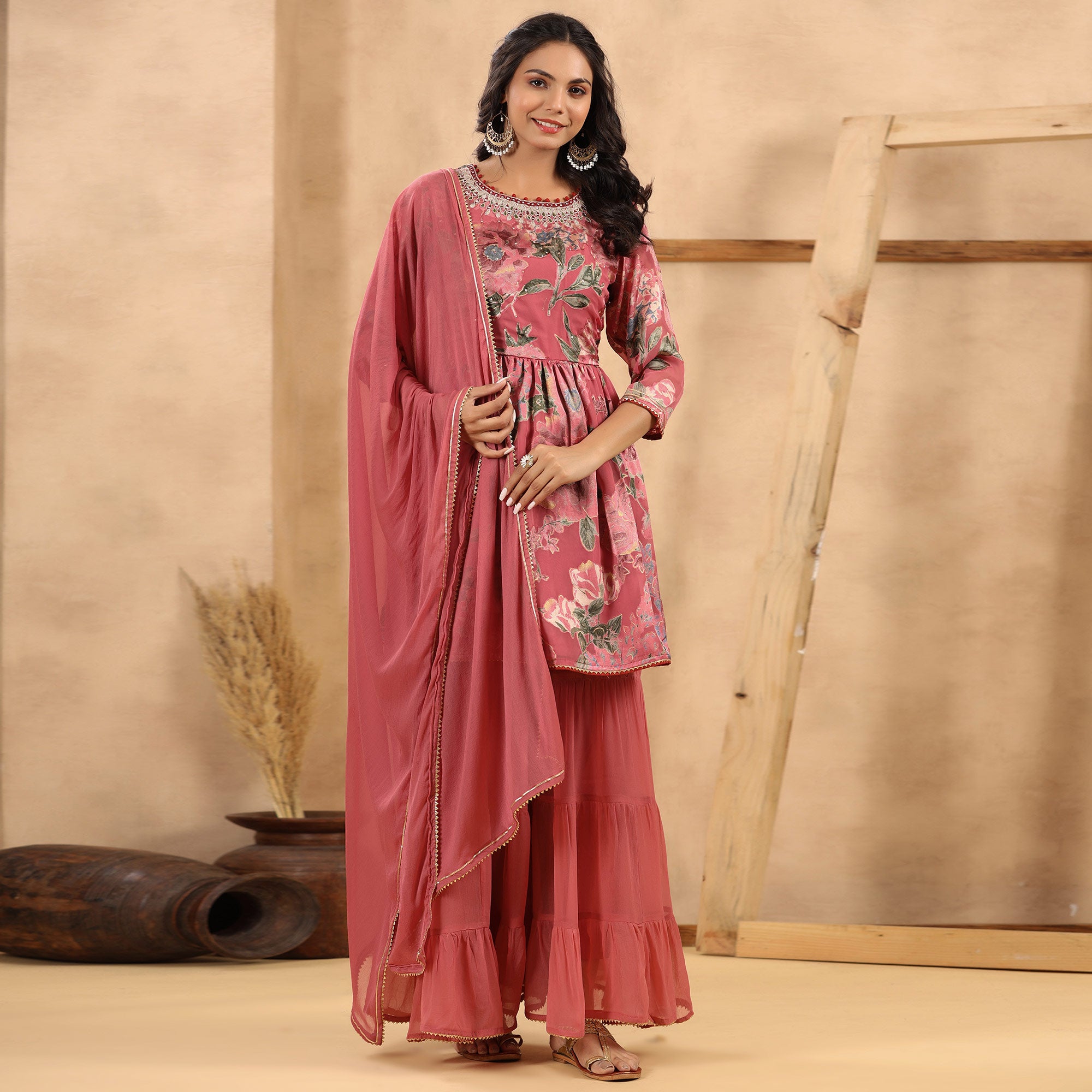 Mauve Floral Printed Georgette Sharara Suit