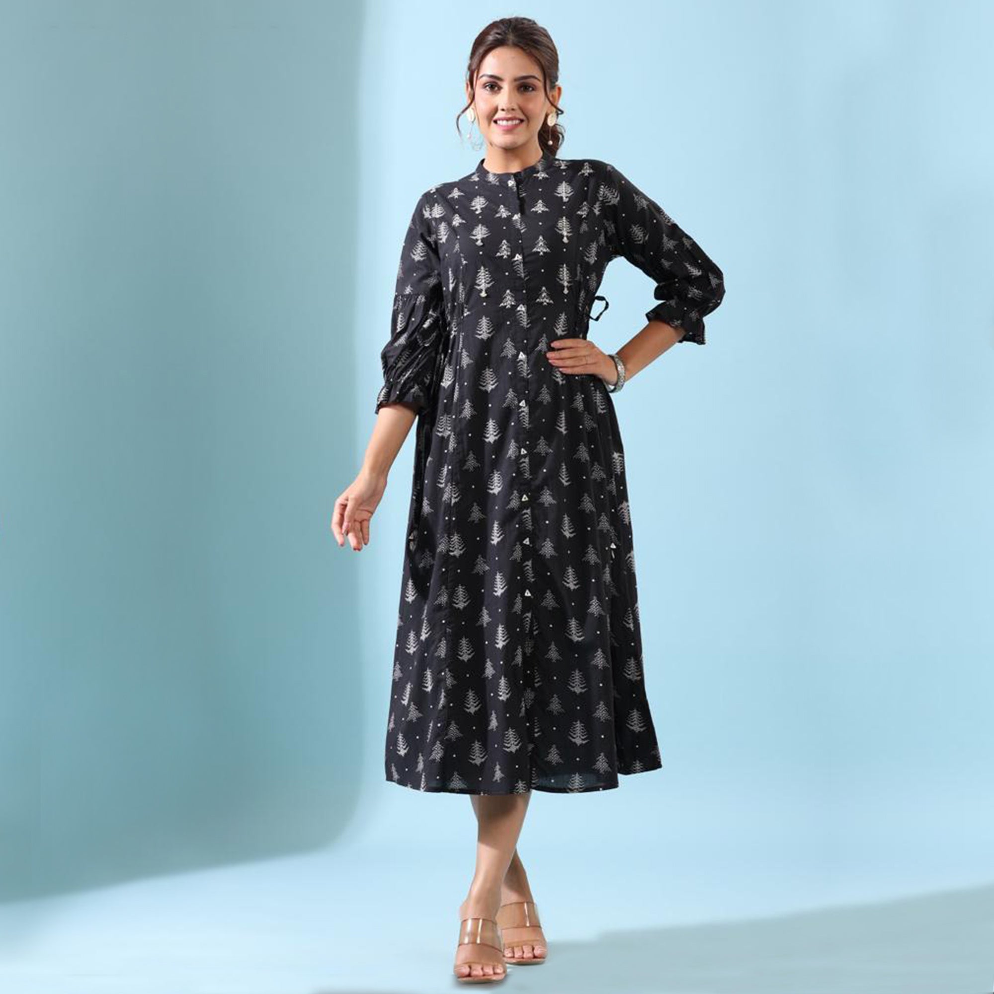 Black Floral Printed Pure Cotton Anarkali Style Gown