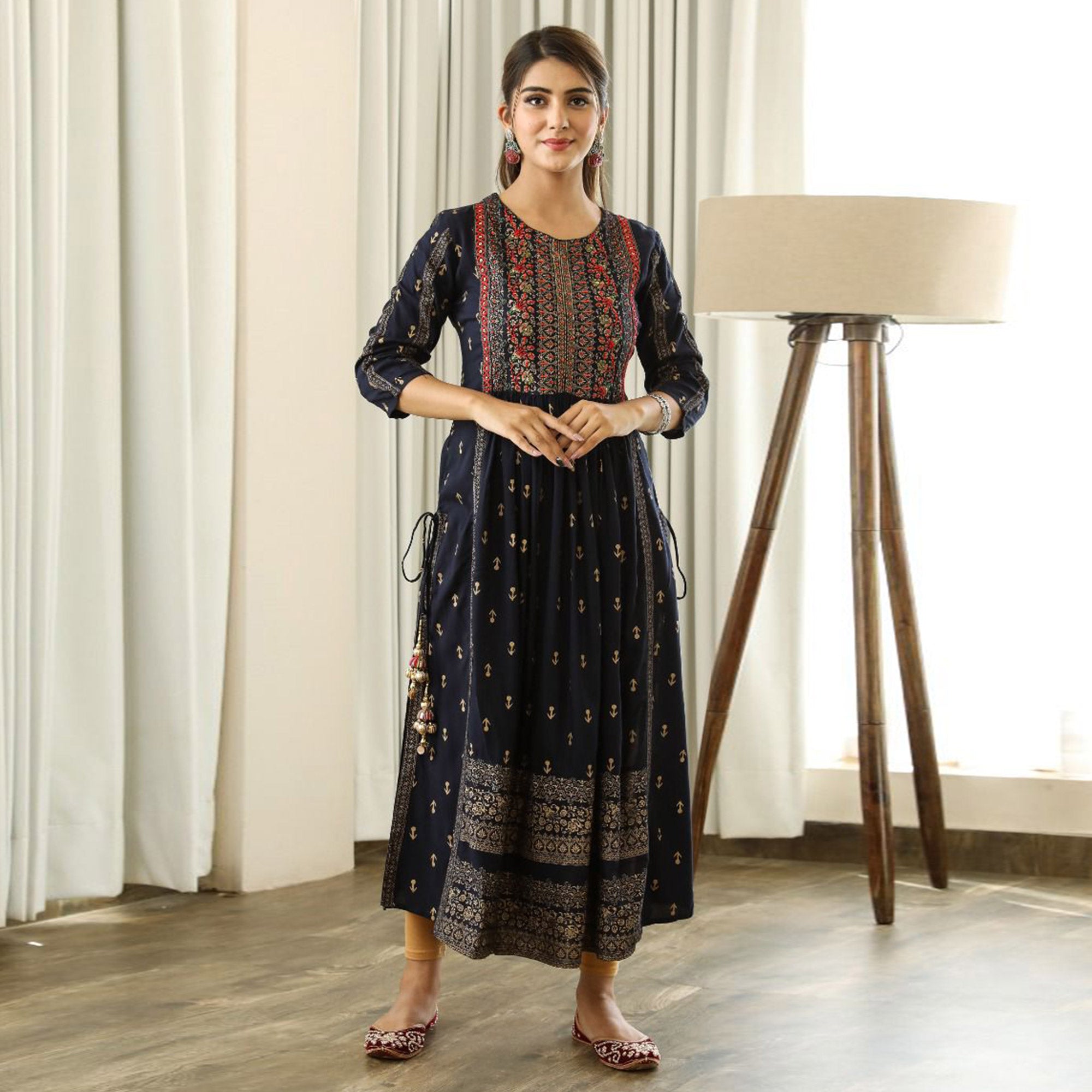 Black Printed With Embroidered Rayon Nair Cut Kurti