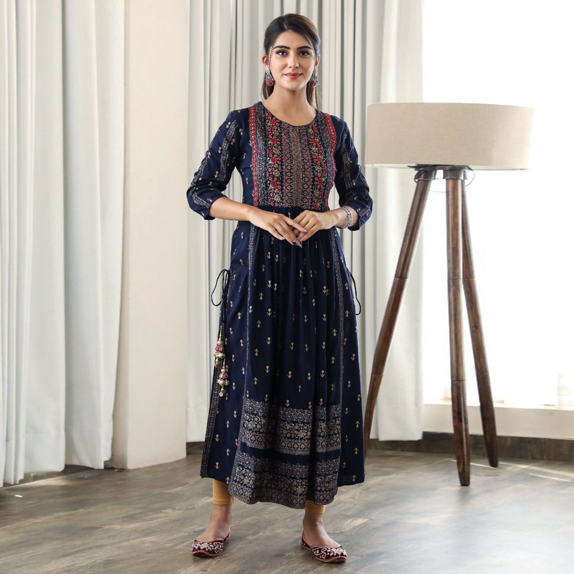 Blue Printed With Embroidered Rayon Naira Cut Kurti