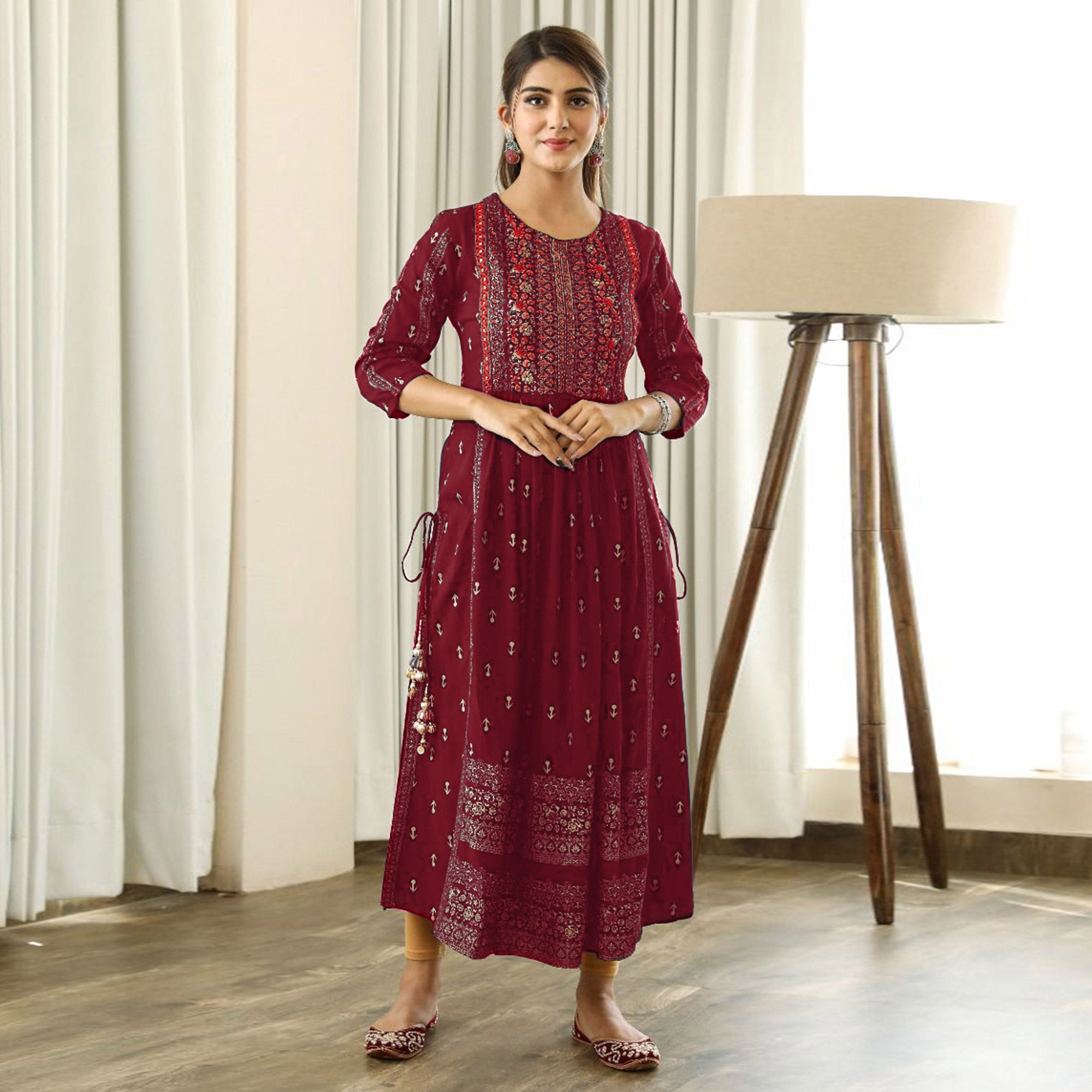 Maroon Printed With Embroidered Rayon Naira Cut Kurti