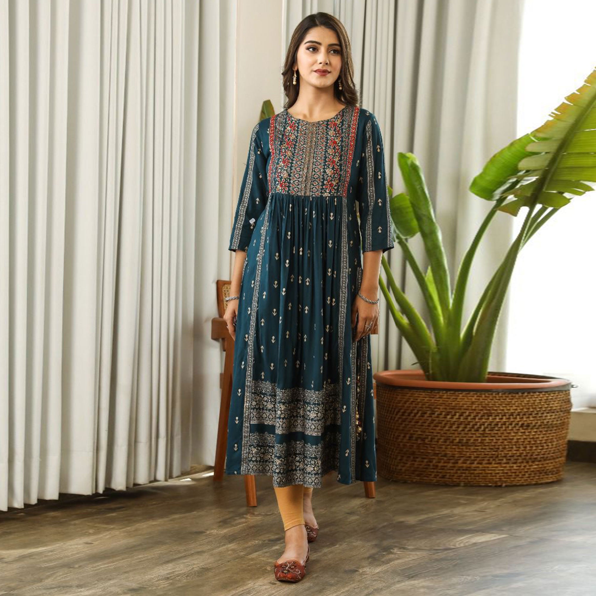 Rama Green Printed With Embroidered Rayon Naira Cut Kurti