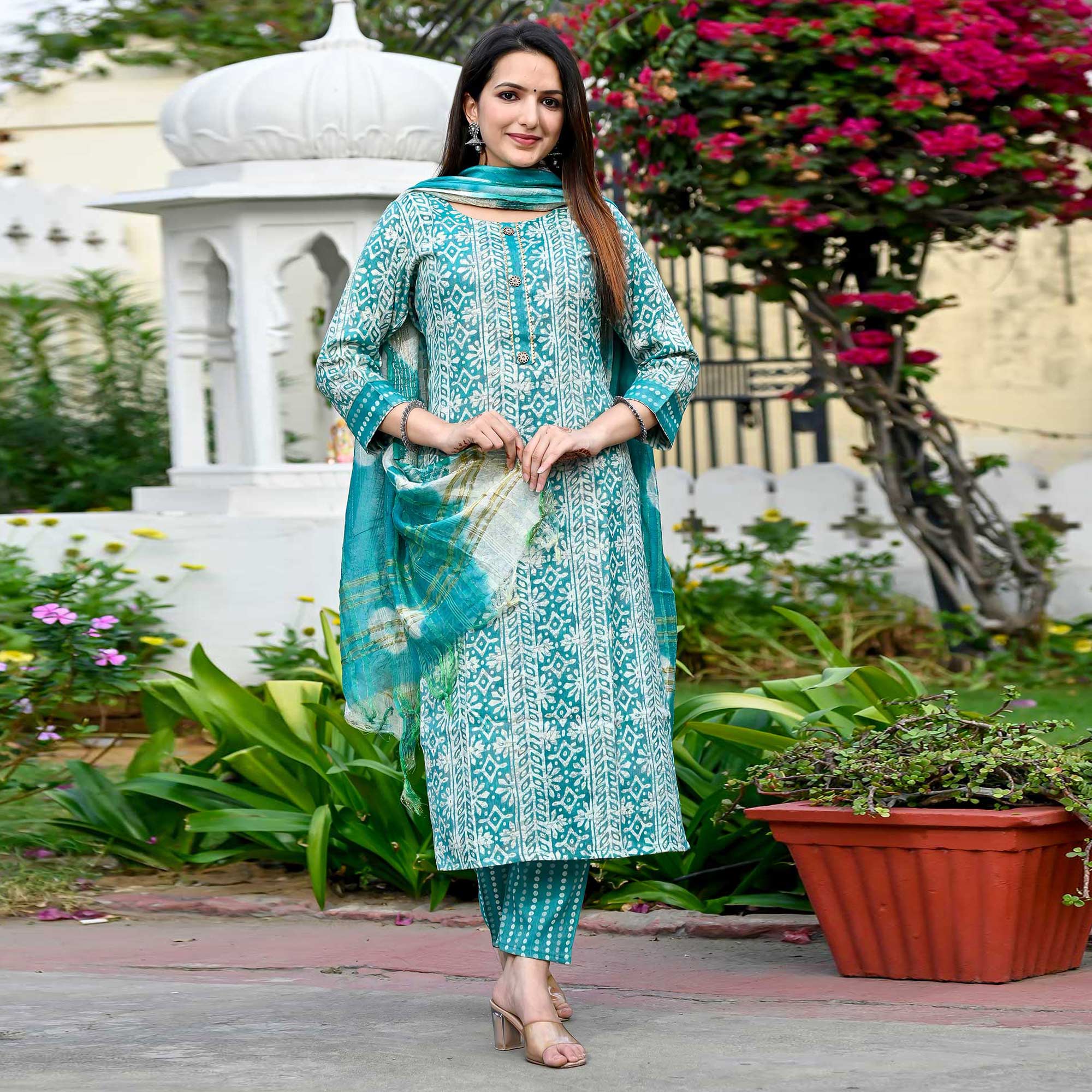 Rama Blue Floral Foil Printed Rayon Suit