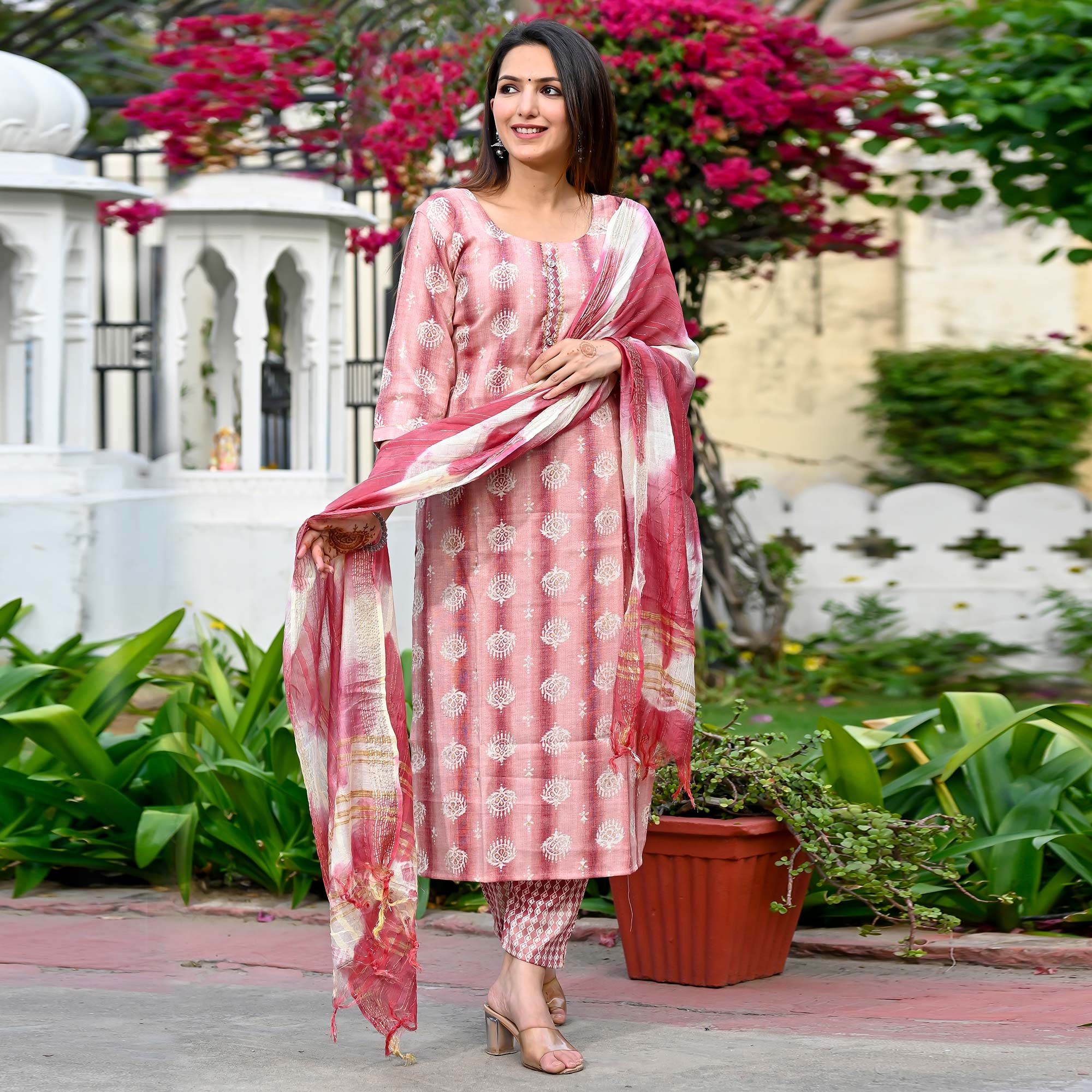 Peach Floral Foil Printed Rayon Suit