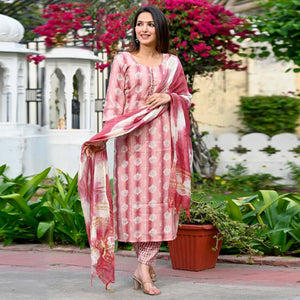 Peach Floral Foil Printed Rayon Suit