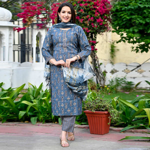 Grey Floral Foil Printed Rayon Suit