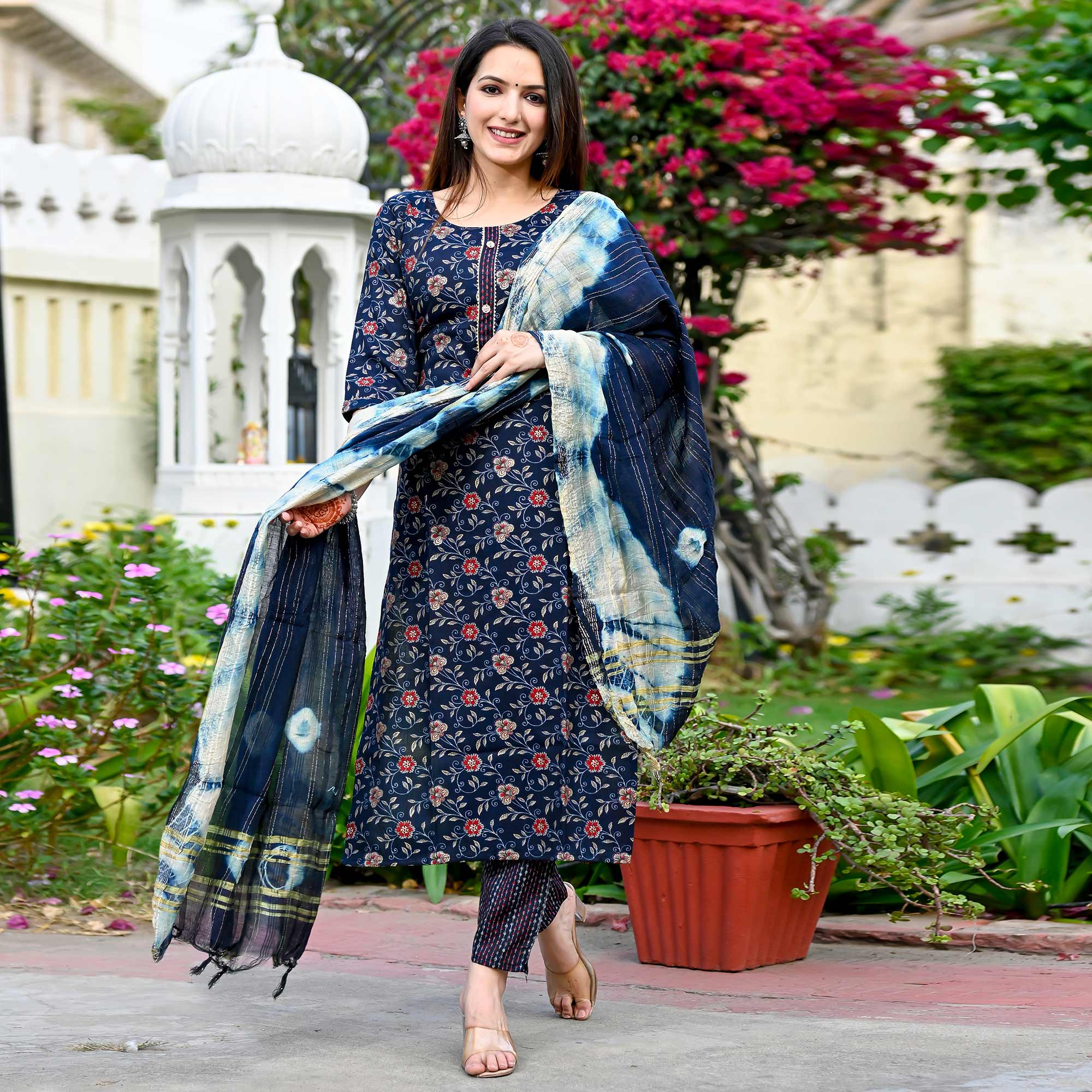 Navy Blue Floral Foil Printed Rayon Suit