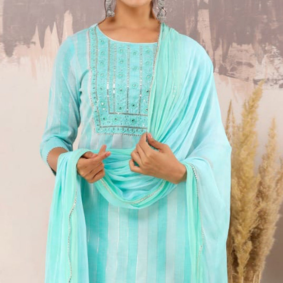 Blue Printed With Embroidered Rayon Salwar Suit