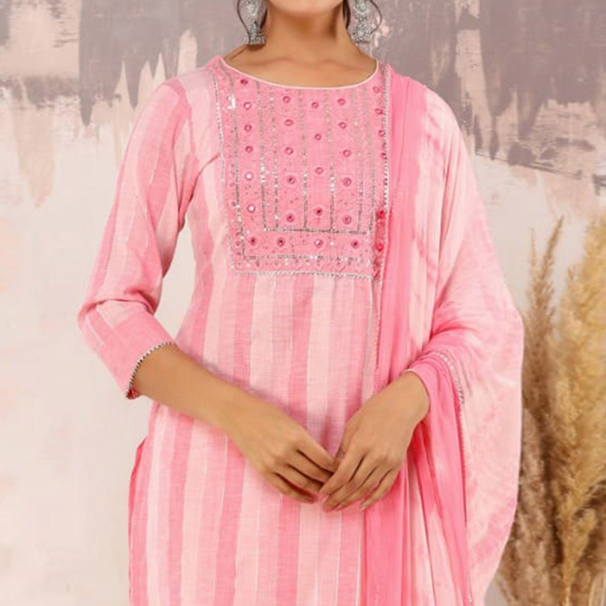 Pink Printed With Embroidered Rayon Salwar Suit