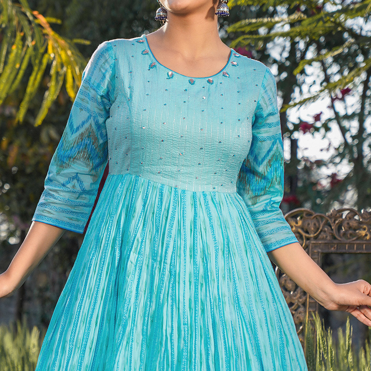 Blue Printed With Handwork Pure Cotton Gown