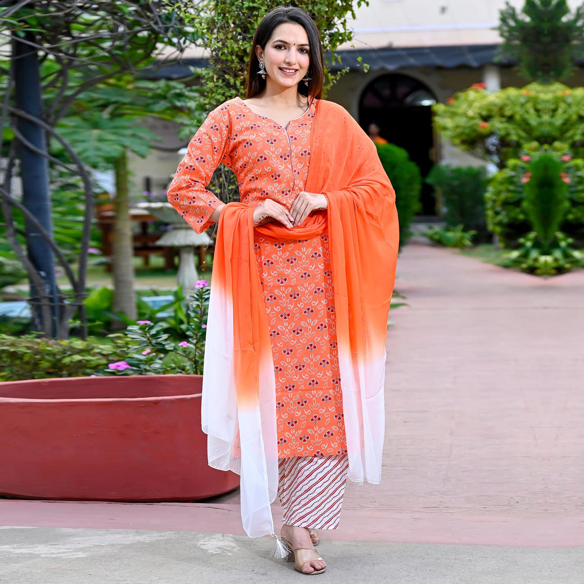 Orange Floral Printed Pure Cotton Salwar Suit