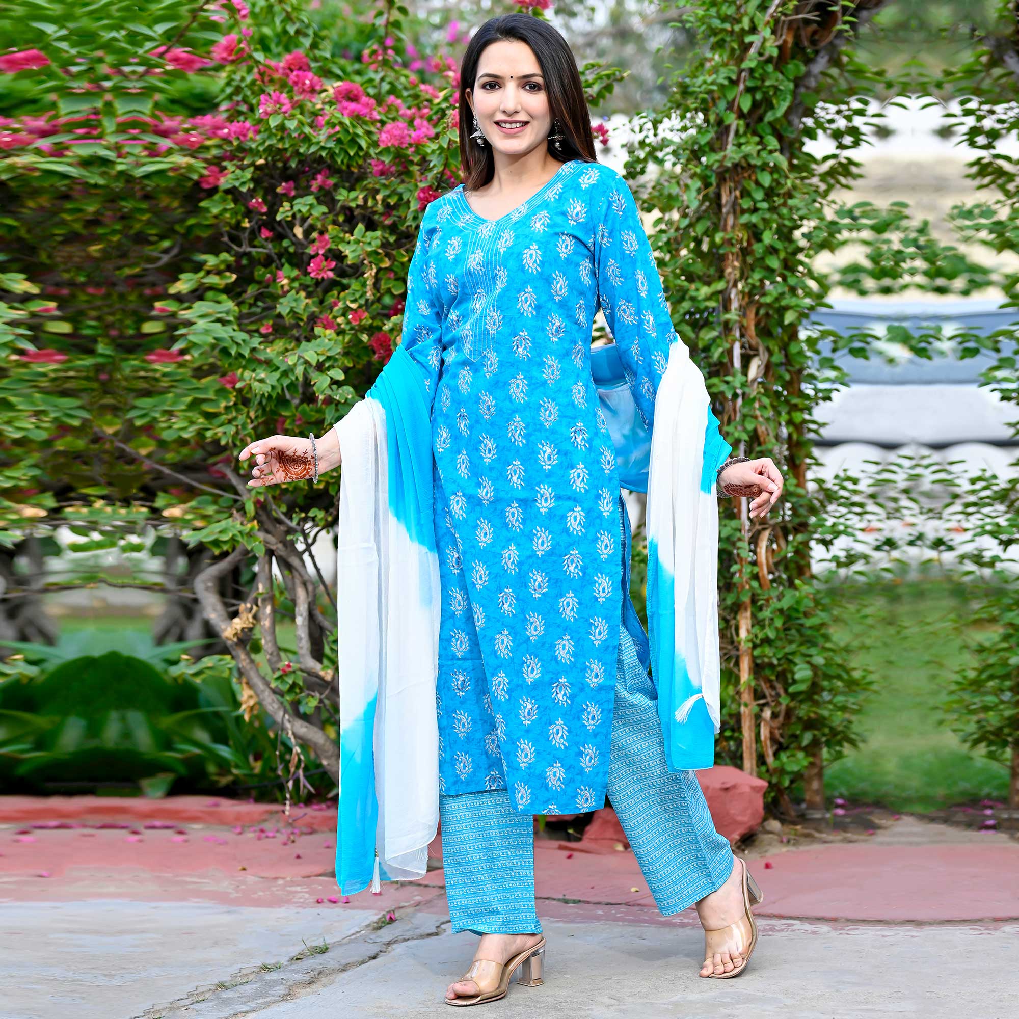 Blue Printed Pure Cotton Salwar Suit