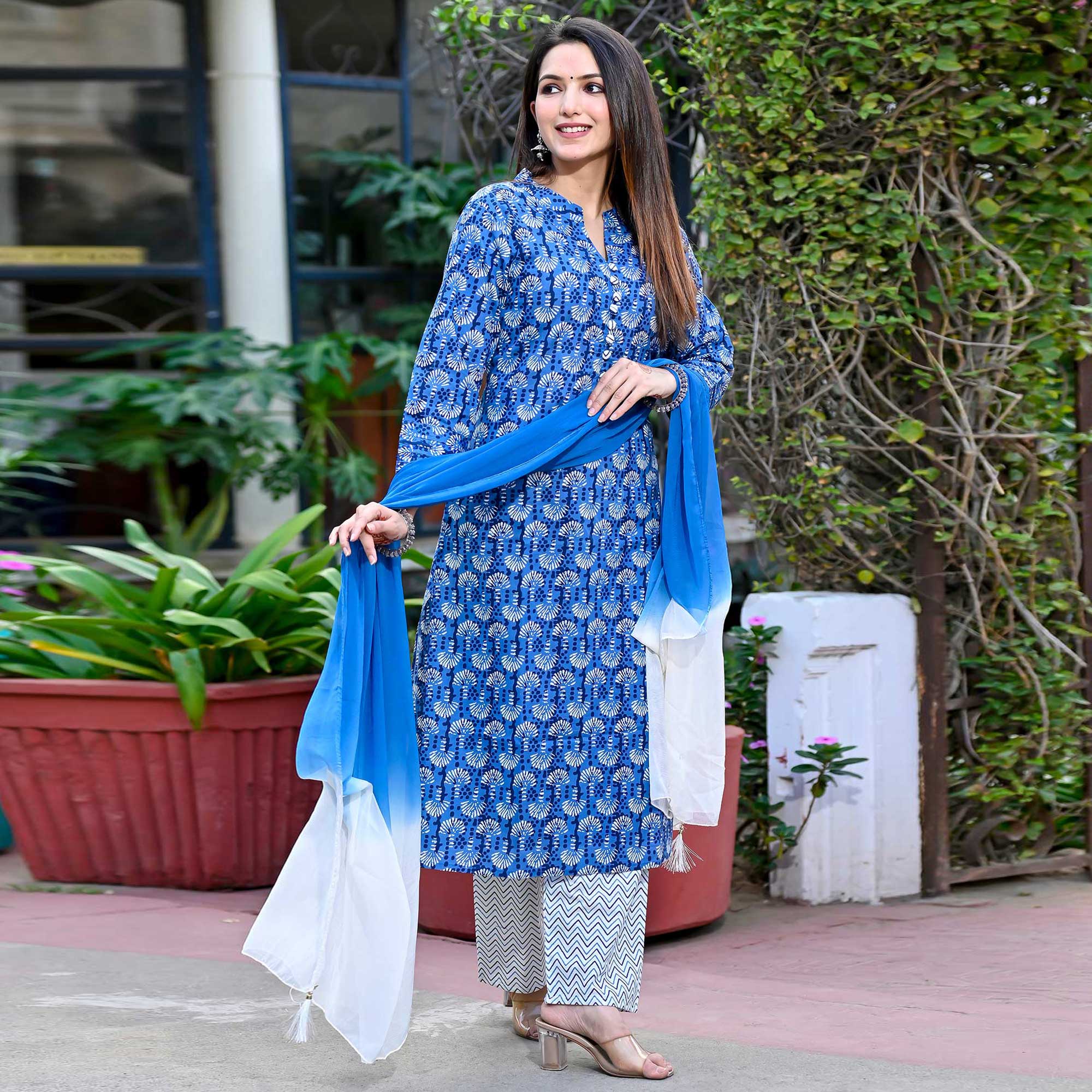 Blue Printed Pure Cotton Salwar Suit