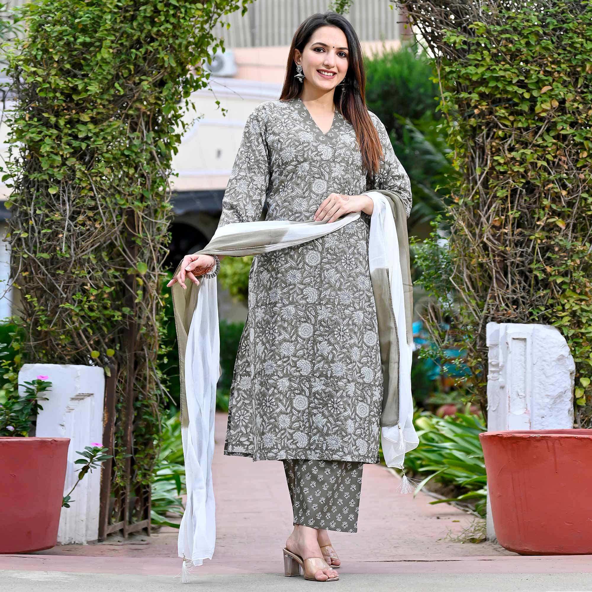 Grey Floral Printed Pure Cotton Salwar Suit