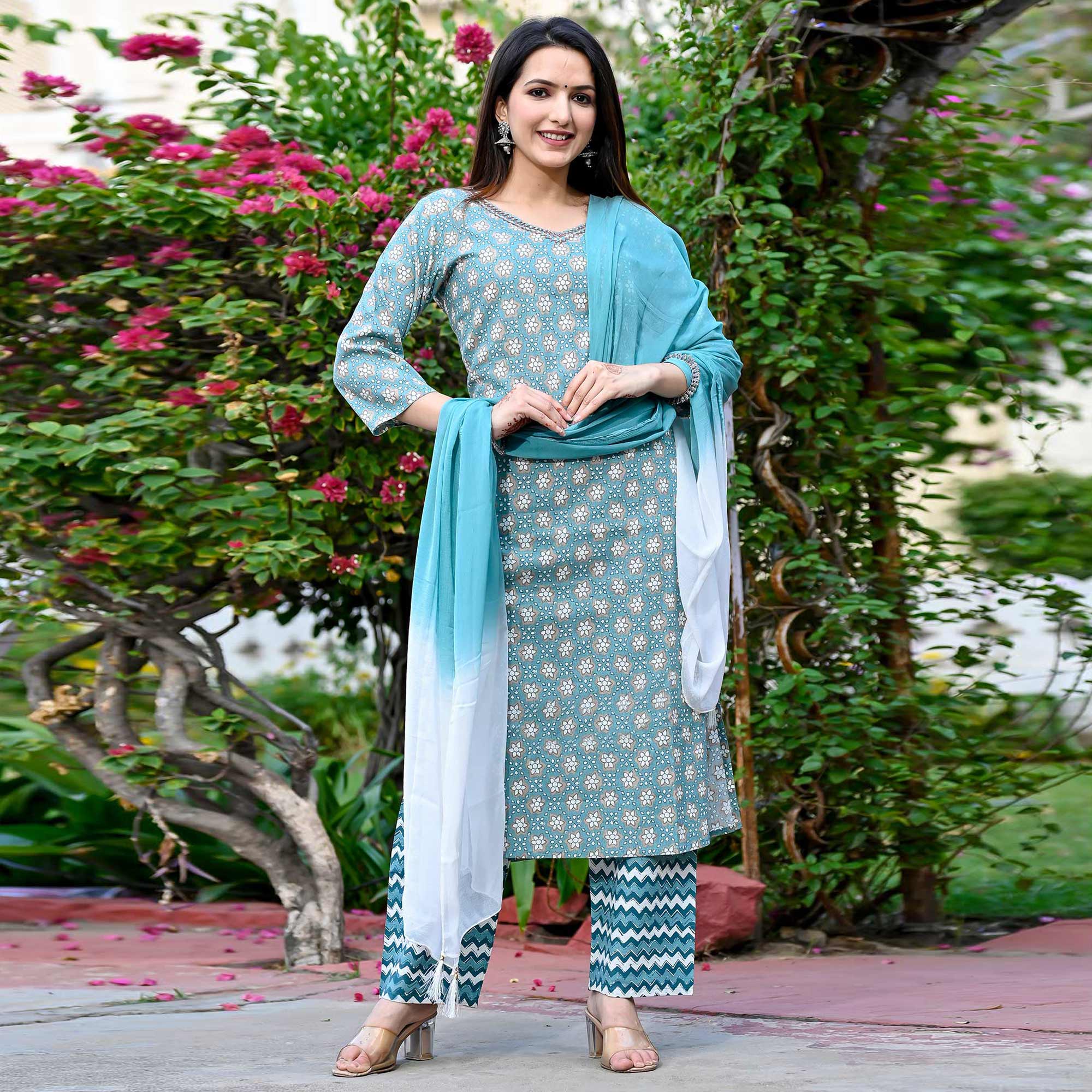 Blue Floral Printed Pure Cotton Salwar Suit