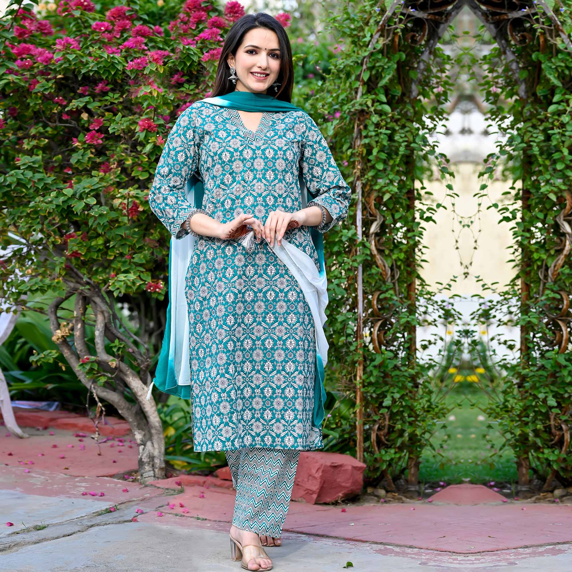 Green Floral Printed Pure Cotton Salwar Suit
