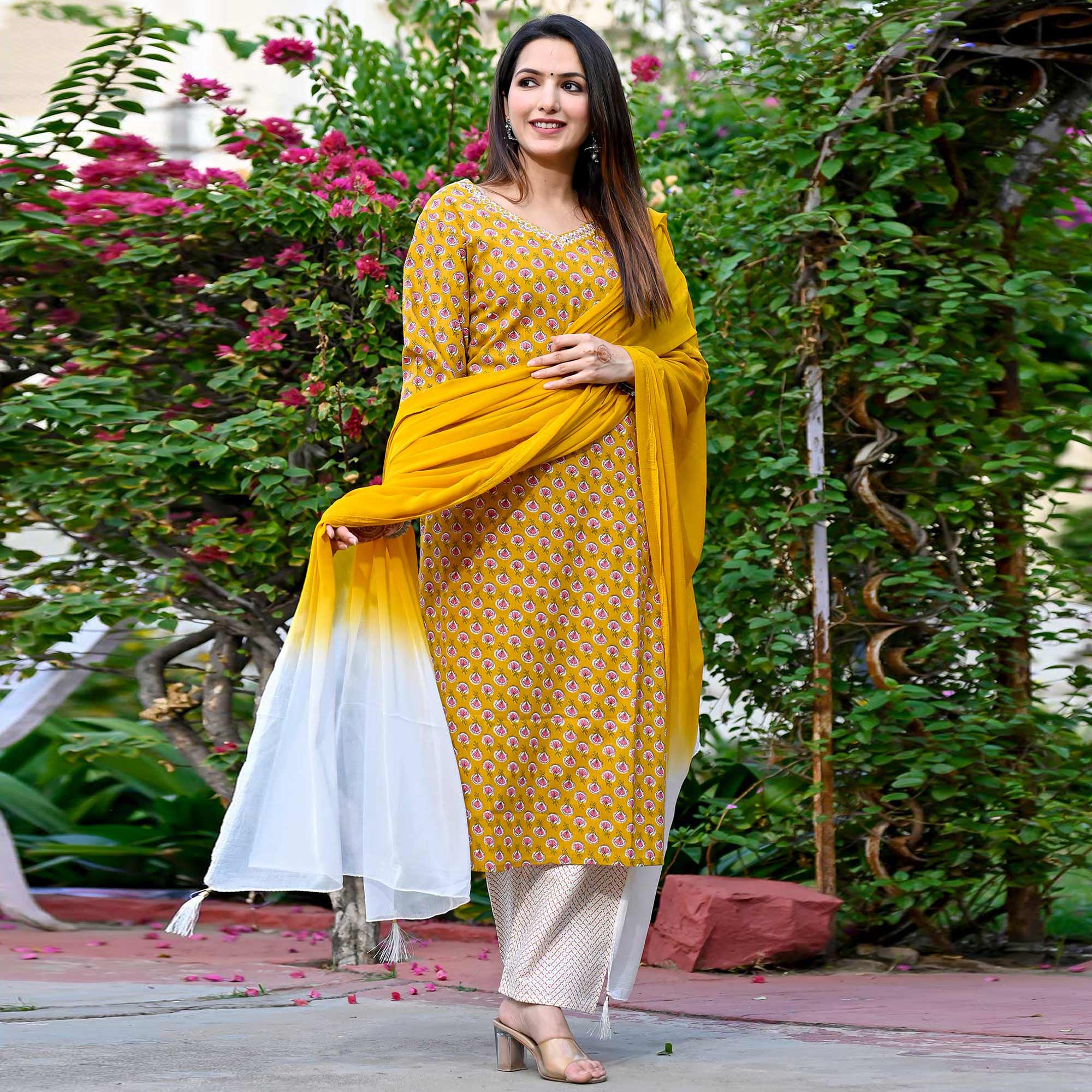 Mustard Floral Printed Pure Cotton Salwar Suit