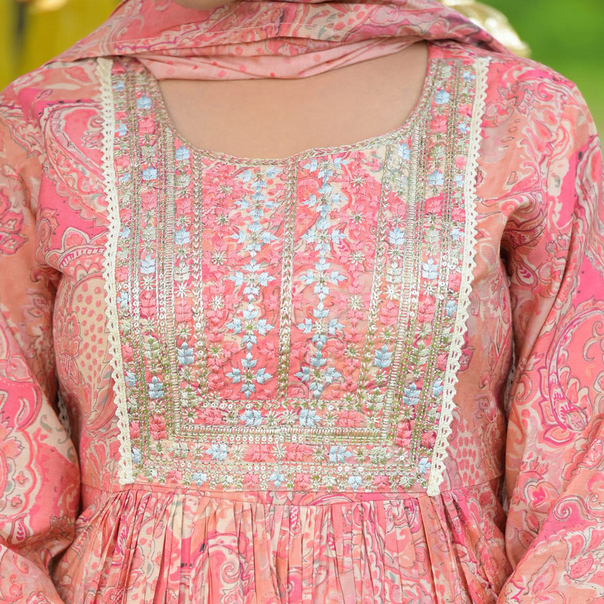 Pink Printed With Embellished Chanderi Anarkali Suit