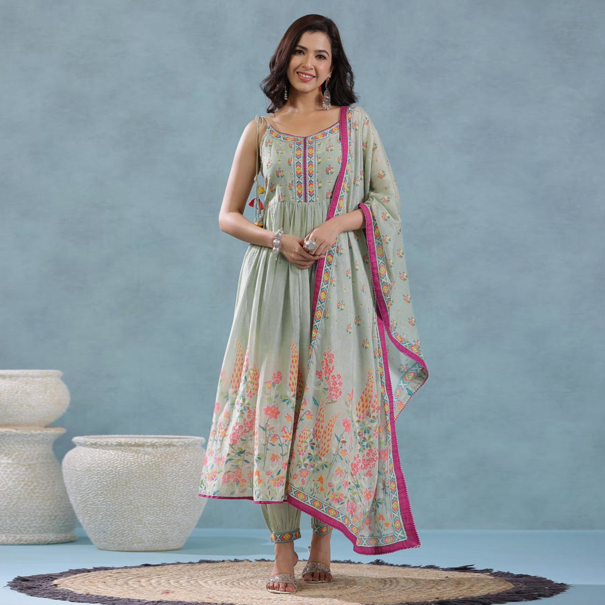 Mint Green Floral Printed Pure Cotton Naira Cut Suit