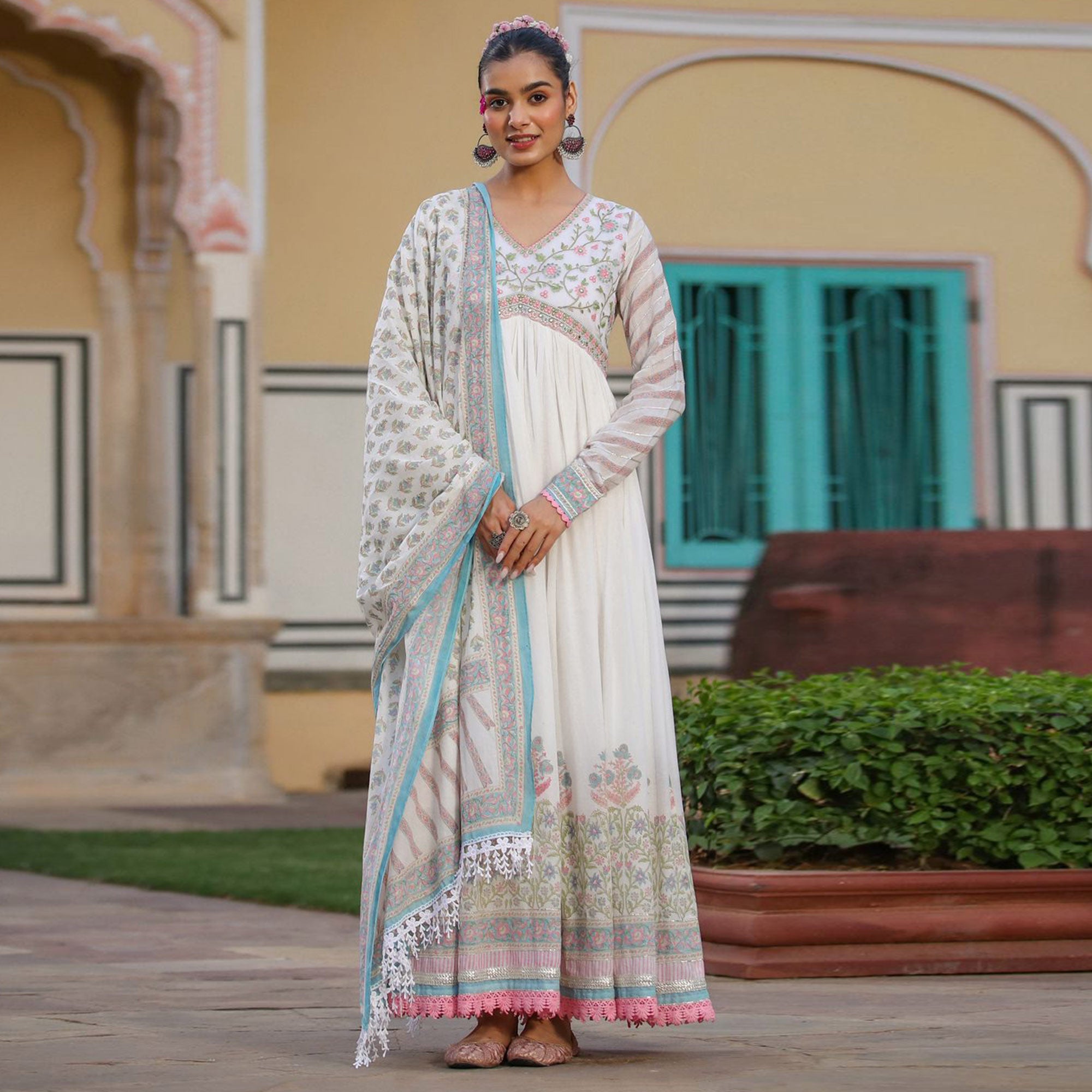 White Peach Floral Printed Pure Cotton Gown With Dupatta