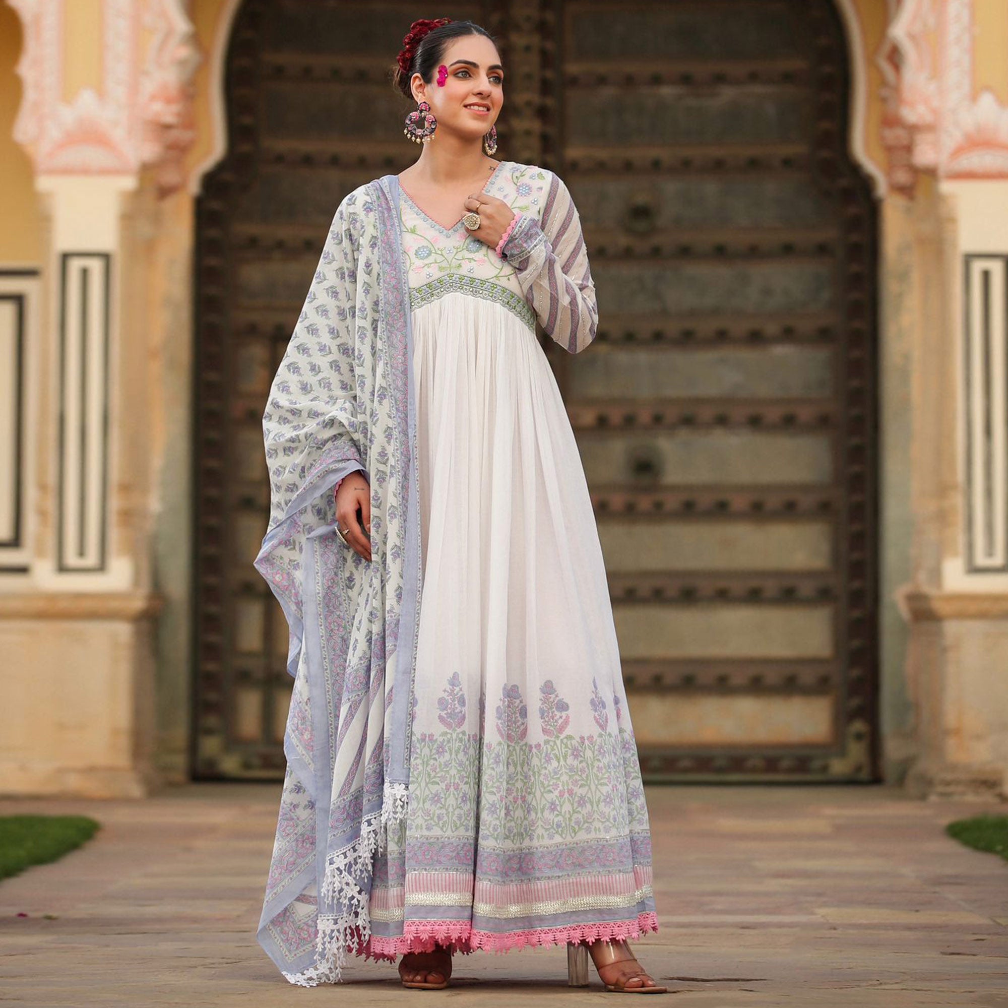 White Violet Floral Printed Pure Cotton Gown With Dupatta