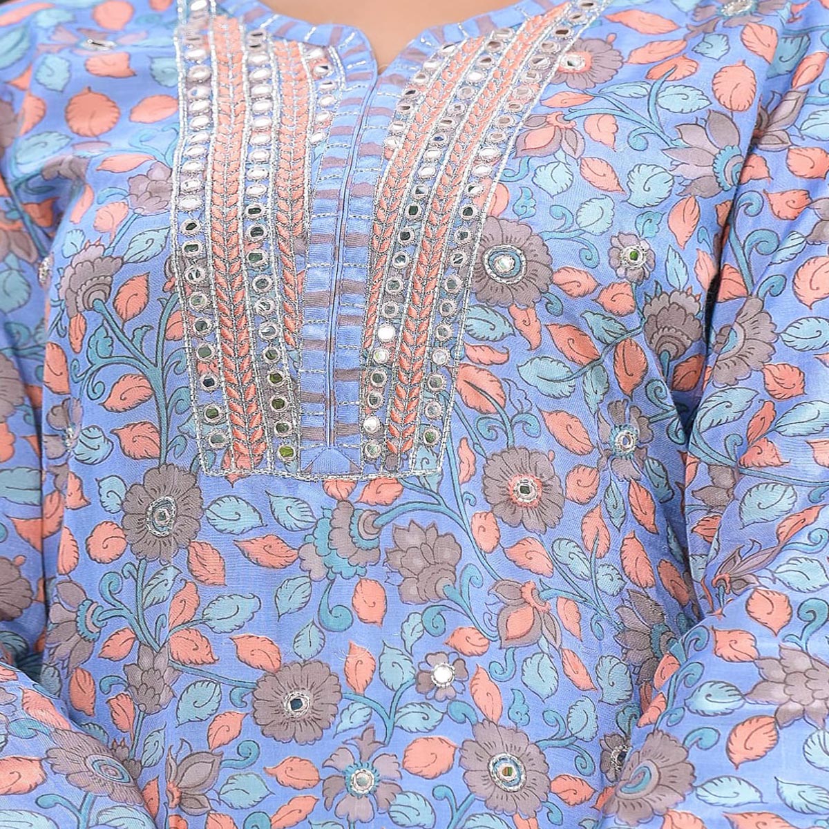 Blue Floral Printed Muslin Sharara Suit