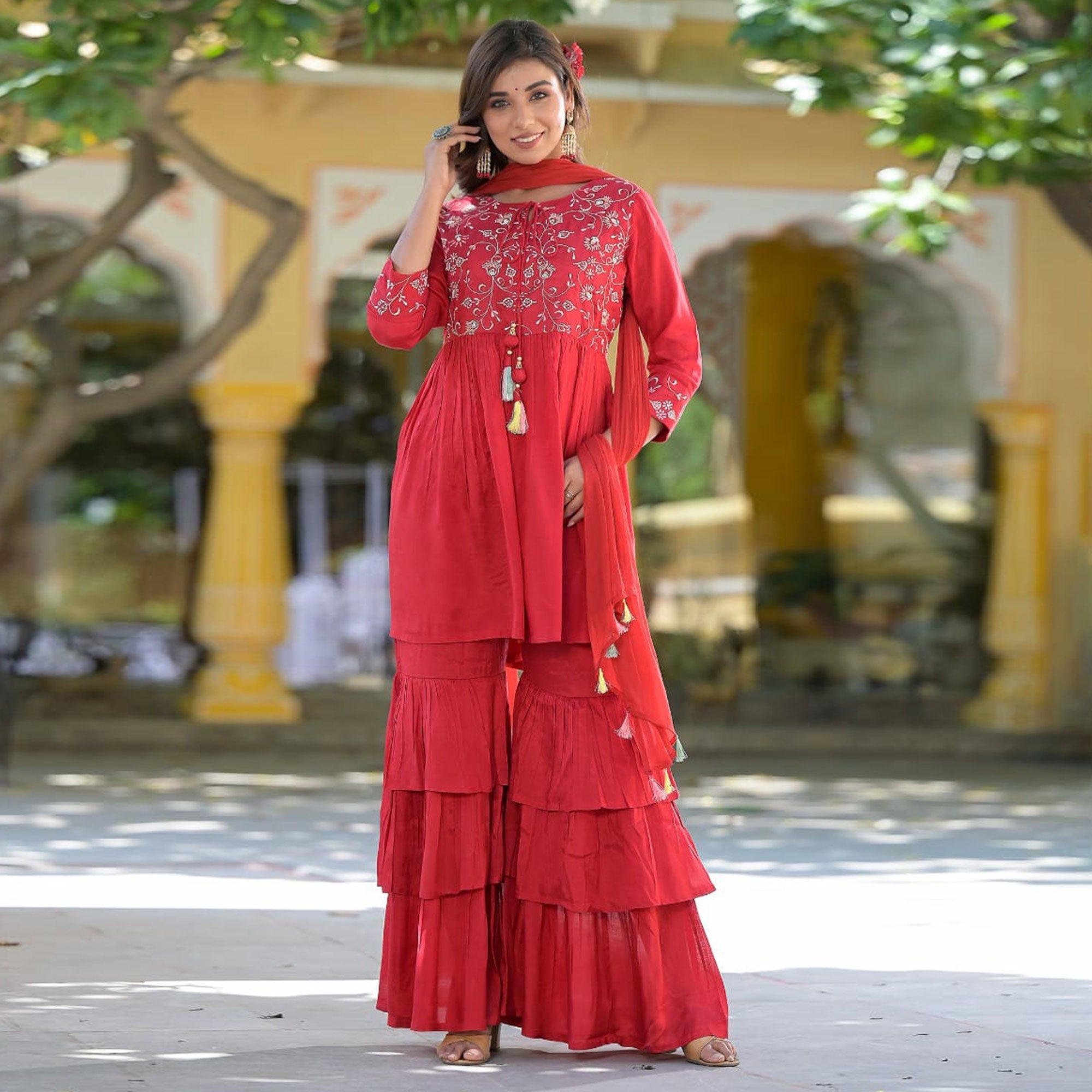 Red Floral Embroidered Muslin Sharara Suit