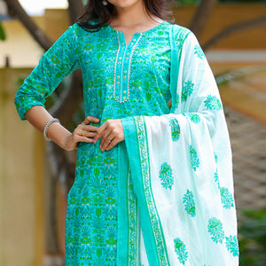 Green Floral Printed Pure Cotton Salwar Suit