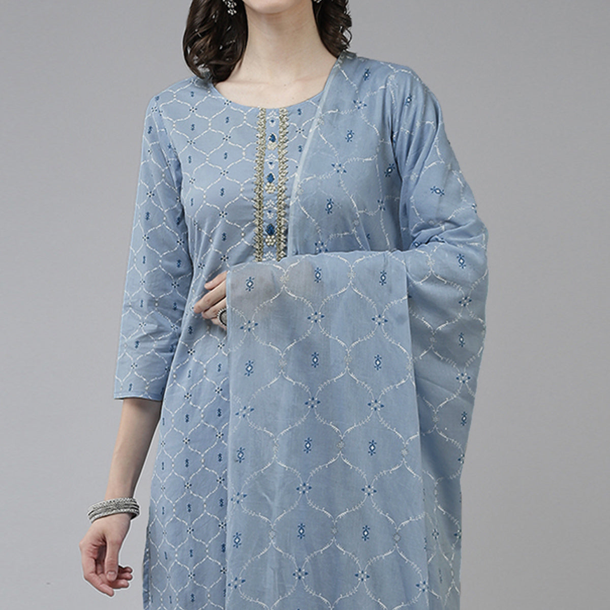 Blue Printed Pure Cotton Salwar Suit
