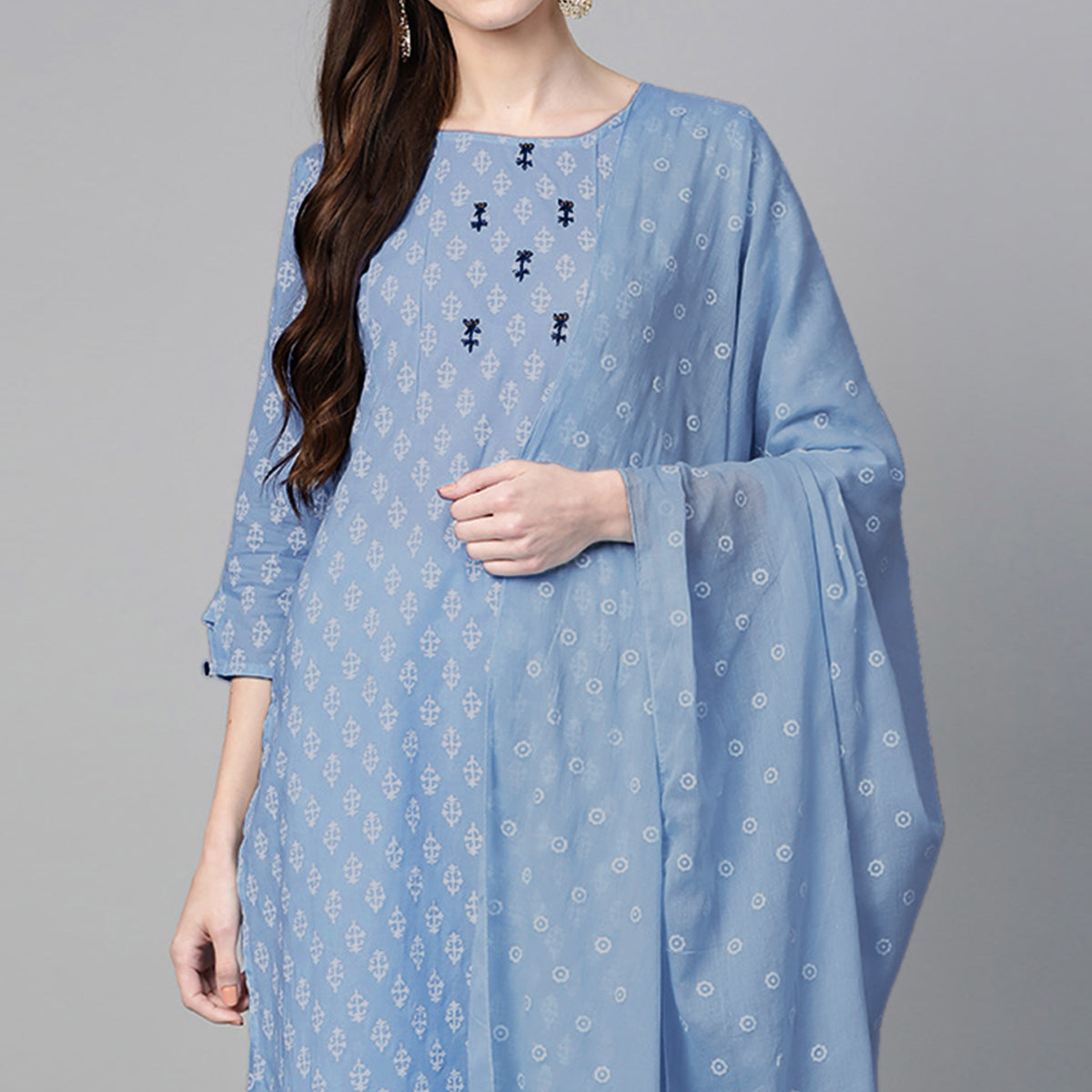 Blue Printed Pure Cotton Palazzo Suit