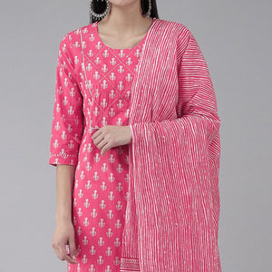 Pink Floral Printed Pure Cotton Salwar Suit