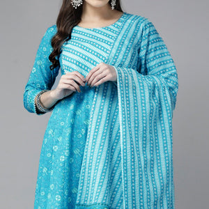 Blue Floral Printed Pure Cotton Anarkali Suit