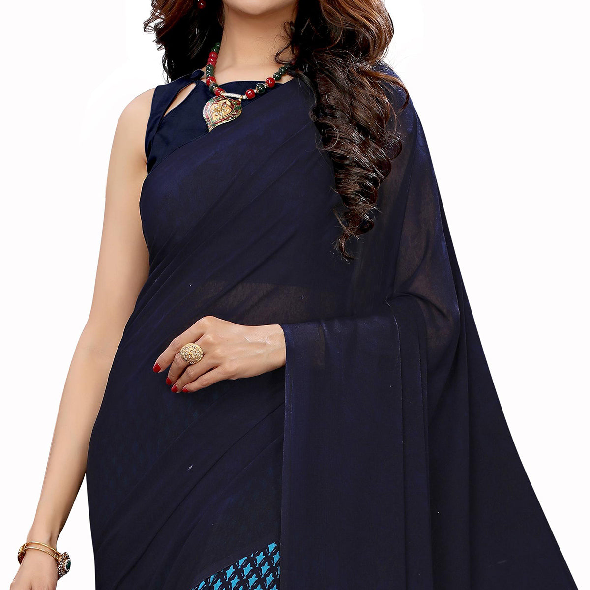 Ethnic Navy Blue Colored Casual Wear Printed Georgette Half-Half Saree