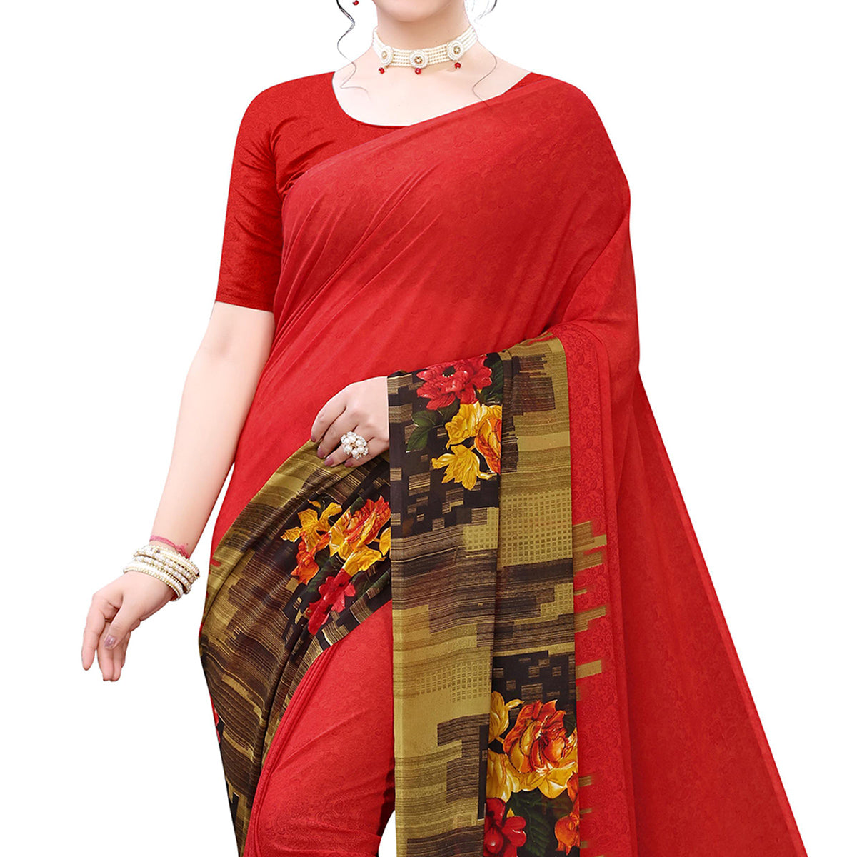 Amazing Red Colored Casual Wear Floral Printed Georgette Saree