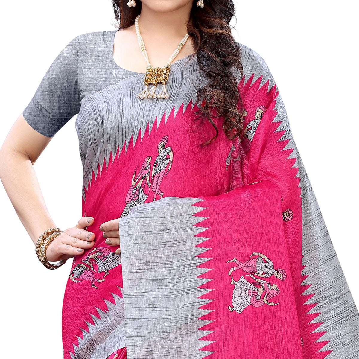 Staring Pink Colored Festive Wear Abstract Printed Cotton Silk Saree