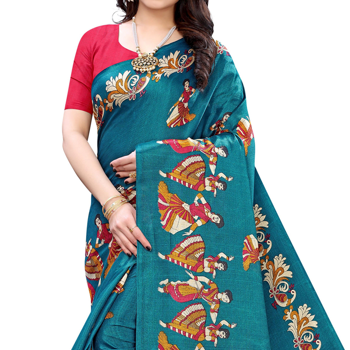 Flirty Turquoise Colored Casual Wear Printed Cotton Silk Saree With Tassels
